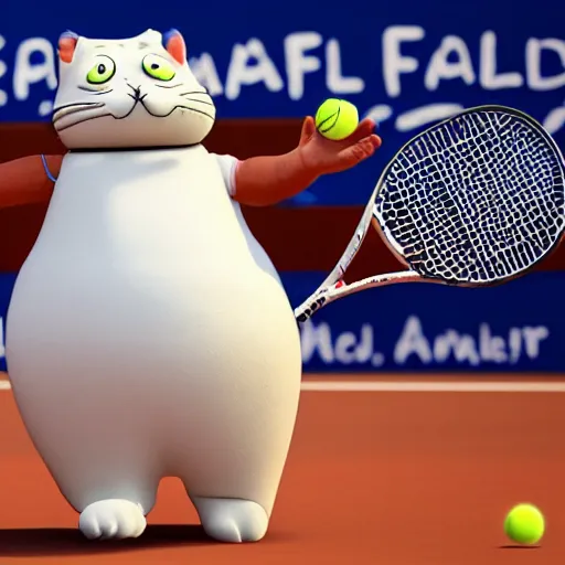 Image similar to A humanoid fridge is playing tennis against Garfield the cat