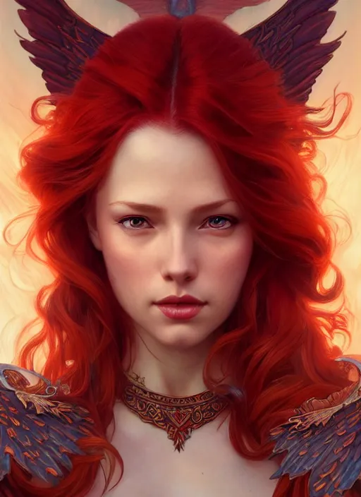 Image similar to a beautiful red haired woman with wings of fire, deep focus, d & d, fantasy, intricate, elegant, highly detailed, digital painting, artstation, concept art, matte, sharp focus, illustration, hearthstone, art by artgerm and greg rutkowski and alphonse mucha