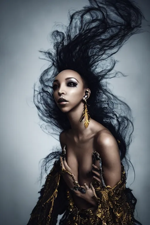 Image similar to photoshoot of tinashe as mysterious dark goddess of death, realism, clouds, swirling fabric, elaborate ornate growth, gilded relief, volumetric lighting, light shafts, ambient light, trending on artstation, by alessio albi