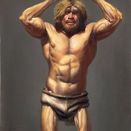 Prompt: a realistic muscular blonde neanderthal man painting