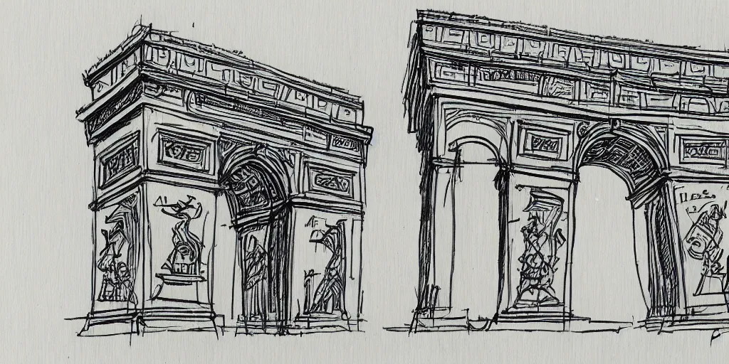 Prompt: architectural schematics Paris Arc de triomphe, drawn by Ed Wood Jr, in the style of Bauhaus