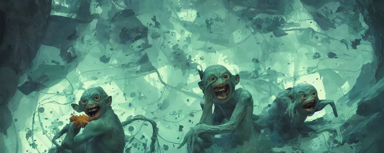 Image similar to duotone green blue illustration 3 / 4 portrait of gollum dancing and holding fish in his mouth. volumetric lighting. dynamic composition accidental renaissance golden ratio. by sachin teng and sergey kolesov and ruan jia and heng z. graffiti art, scifi, fantasy, hyper detailed. octane render. concept art. trending on artstation