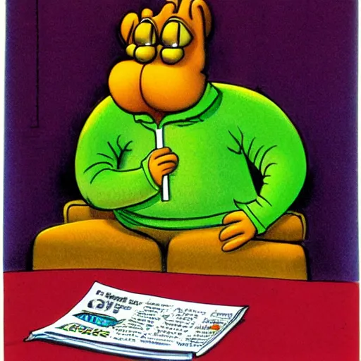 Prompt: Garfield sitting in a green lounge chair reading the newspaper looking for an item on the side table, in the style of garfield