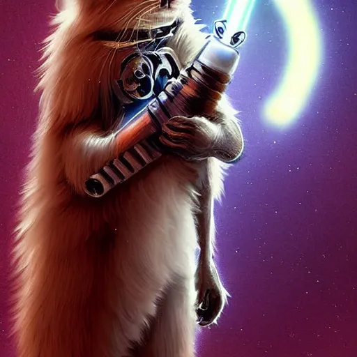 Image similar to long haired white cat in a futurist armor holding a light saber, digital art, fantasy, steampunk