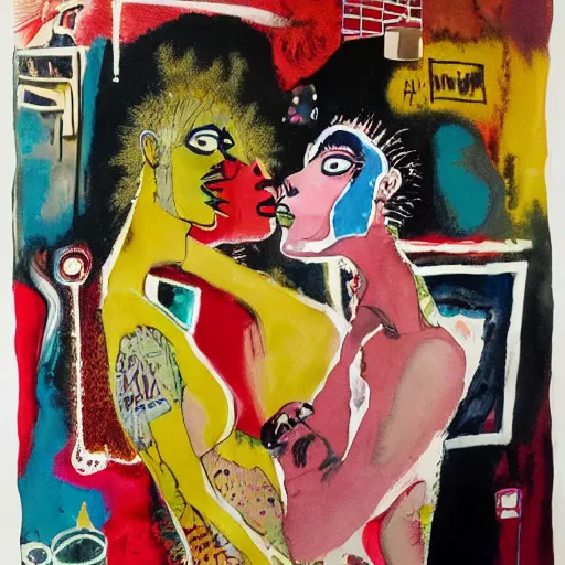 Image similar to watercolor painting of two bizarre psychedelic punk women kissing each other closeup in a bar in japan, speculative evolution, mixed media collage by basquiat and jackson pollock, maximalist magazine collage art, sapphic art, lesbian art, chemically damaged