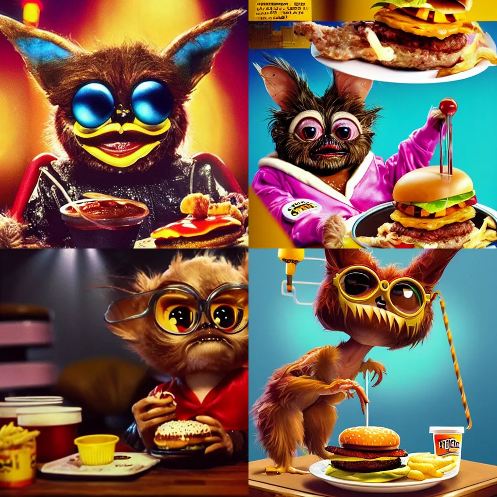 Prompt: Gizmo from Gremlins 1984 eating hamburgers with extra ketchup and mustard, pickles, onions, lettuce, Big Macs, intricate, epic lighting, cinematic composition, hyper realistic, 8k resolution, unreal engine 5, by Artgerm, tooth wu, dan mumford, beeple, wlop, rossdraws, James Jean, Andrei Riabovitchev, Marc Simonetti, yoshitaka Amano, Artstation