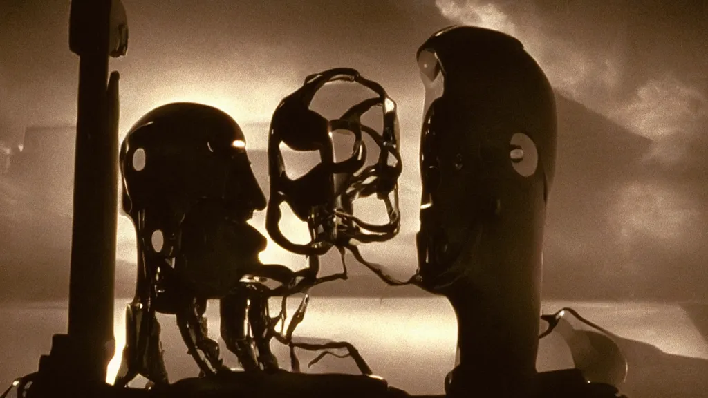 Image similar to The man with robot head, movie still, cinematic composition, cinematic light, by David Lynch