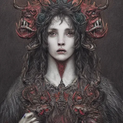 Image similar to a masterpiece! photographic portrait of a scarlet - colored!! beast!! with seven heads!! and ten horns!! by gustave dore and sam spratt and allen williams, trending on artstation, cgsociety, 8 k hd, earthtone colors, a cloaked woman riding the back of the beast