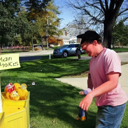 Image similar to a man pushing over a kid's lemonade stand