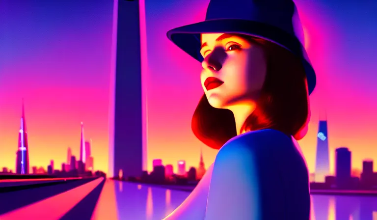 Image similar to a beautiful and immaculate young teenager girl with fedora hat. synthwave, night time, detailed. trending on artstation. recommended for you behance. by chris moore. by edward hopper., beeple colors, metropolis filmic. gotham city.