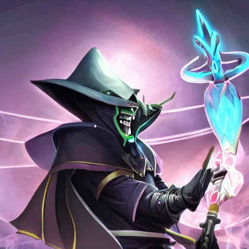 Image similar to Karthus from League of Legends holding a magical staff, laughing, anime art style