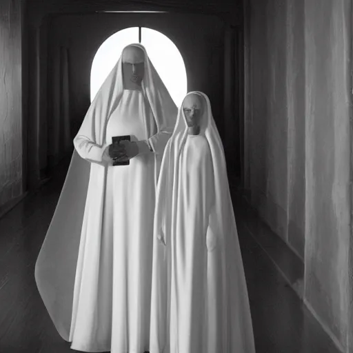 Image similar to nightmare vision, black and white, award winning photo, levitating twin nuns, wearing translucent sheet, Mary in a sanctuary, mirror hallways, eerie, frightening —width 1024 —height 1024