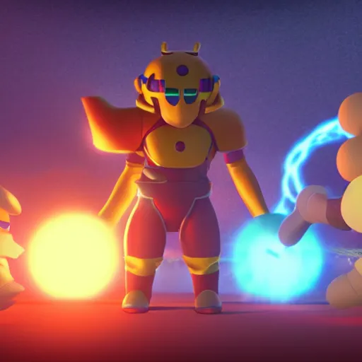 Image similar to an epic anime of energy man and kirby, ghibli, unreal 5, octane render, rpg portrait, dynamic lighting, epic, epic anime, 2 d