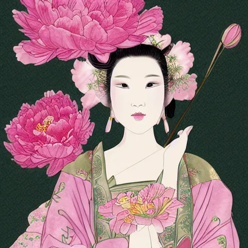 Prompt: a beautiful princess in Chinese tang Dynasty style with peony, muted tones, fashion illustration, by wataboku