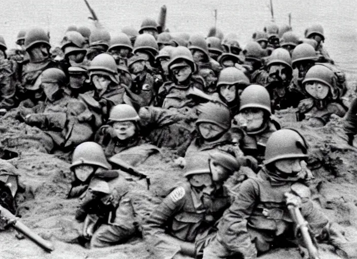 Image similar to despicable me minions storming the beaches of Normandy on d-day, world war 2 old photo, grainy