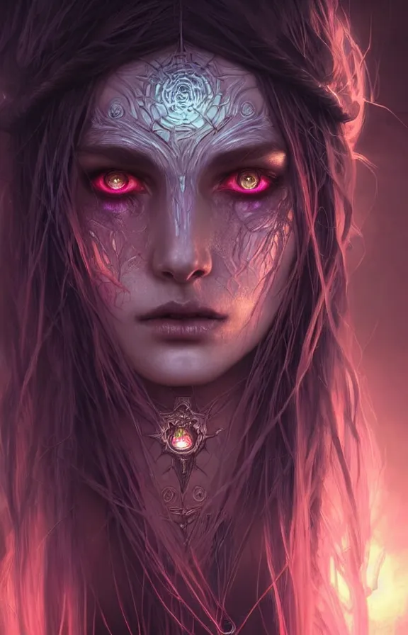 Image similar to Necromancer Sorceress face close-up macro in center, fantasy magic, undercut hairstyle, dark light night, intricate, elegant, sharp focus, illustration, highly detailed, digital painting, concept art, matte, art by WLOP and Artgerm and Greg Rutkowski and Alphonse Mucha, masterpiece