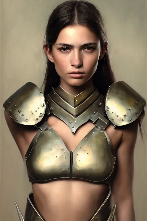 Image similar to a photorealistically painted portrait of an attractive young female, partially clothed in metal-plated battle armor, abstract background, flawless olive skin, fair complexion, long dark hair, beautiful bone structure, perfectly symmetric facial features, perfect photorealistic eyes, natural physique, intricate, elegant, digital painting, concept art, finely detailed, beautifully illustrated, sharp focus, minimal artifacts, volumetric lighting, from Metal Gear, by Ruan Jia and Mandy Jurgens and Artgerm and William-Adolphe Bouguerea, in the style of Greg Rutkowski, trending on Artstation, award winning art