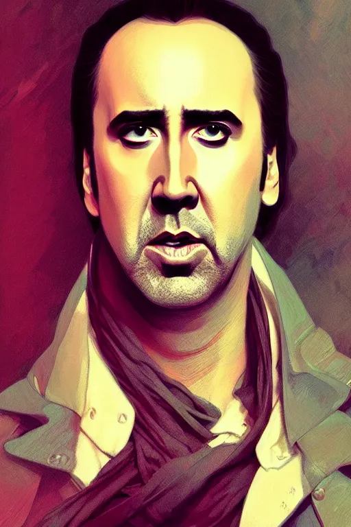 Image similar to a portrait of nicolas cage, fantasy, sharp focus, intricate, elegant, digital painting, artstation, matte, highly detailed, concept art, illustration, ambient lighting, art by ilya kuvshinov, artgerm, alphonse mucha, and greg rutkowski