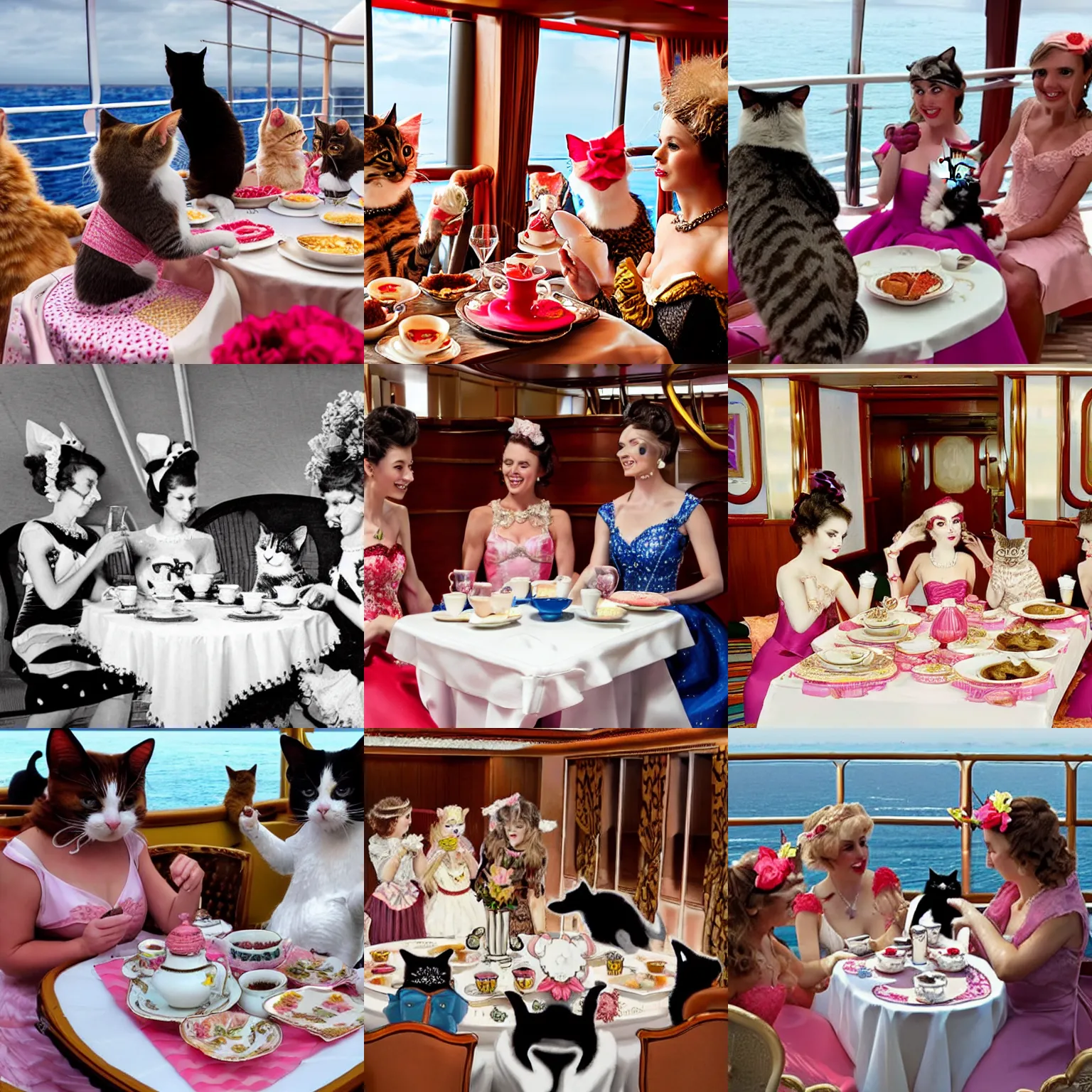 Prompt: cats having a tea party in fancy dresses on a cruise ship