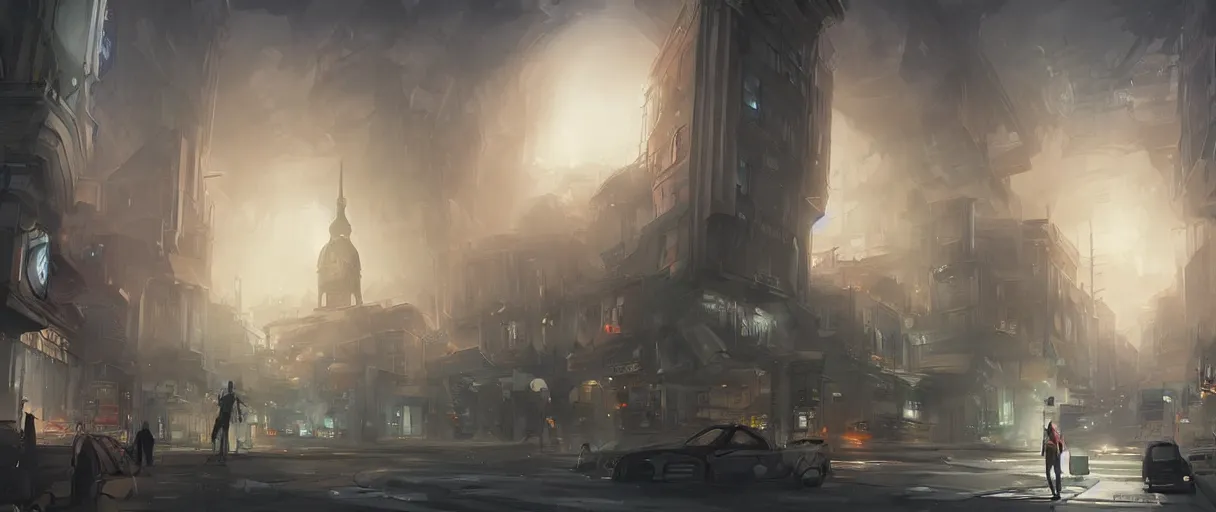 Image similar to german city, Berlin, concept art, digital painting, style of jordan grimmer, futuristic, volumetric lighting