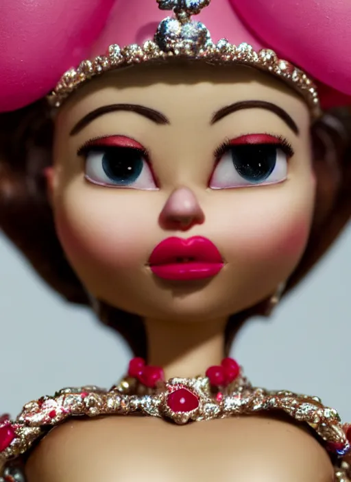 Image similar to closeup face profile portrait of tin toy sylvia sims as a fairytale princess wearing a crown eating cakes, bikini, depth of field, zeiss lens, detailed, symmetrical, centered, fashion photoshoot, by nicoletta ceccoli, mark ryden, lostfish, breathtaking, 8 k resolution, extremely detailed, beautiful, establishing shot, artistic, hyperrealistic, octane render