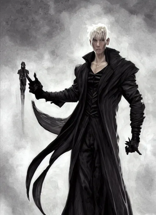 Prompt: elegant renaissance concept art of a male young muscular neo from matrix 1 as sandman from vertigo comics, with, full figure dynamic fighting pose, pale skin!, gothic, black overcoat, fantasy, intricate, highly detailed, digital painting, artstation, smooth, sharp focus, illustration, art by artgerm and greg rutkowski and alphonse mucha