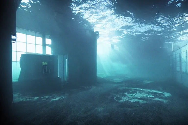 Prompt: underwater facility, sinister, dark, mysterious
