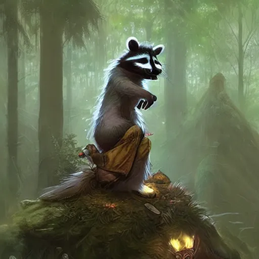 Prompt: magical raccoon druid in the forest, fantasy setting, Greg Rutkowski, trending on artstation, hyper detailed,