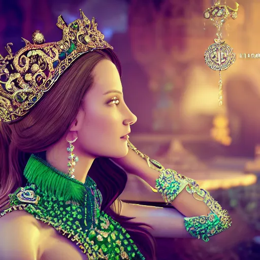 Prompt: photograph of wonderful princess with smooth fair skin, green jewelry, breathtaking, elegant, ornate, intricate, hyper detailed, accent lighting, dramatic light, 4 k octane render
