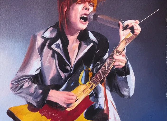 Prompt: Declan Mckenna singing as David Bowie, concept art oil painting by Jama Jurabaev, extremely detailed, brush hard, artstation