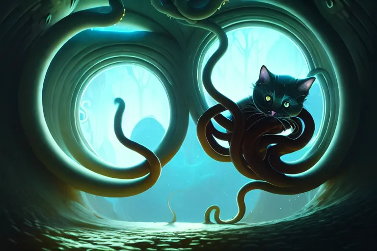 Prompt: dark wizard cat, tentacles climb from the portal, peter mohrbacher style, ray tracing, octane render, cinematic, digital art, realistic, high quality, 8 k