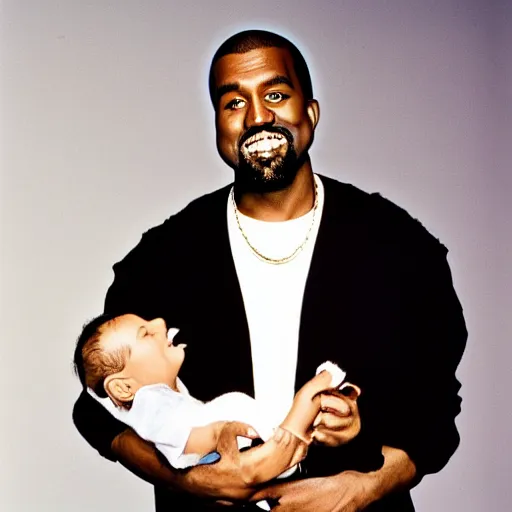 Image similar to kanye west smiling and holding holding baby yoda for a 1 9 9 0 s sitcom tv show, studio photograph, portrait c 1 2. 0