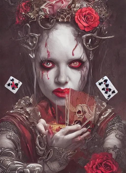 Image similar to Queen of Hearts drinking tea with Alice in wonderland,death tarot card,highly detailed,half skull face,cinematic,8k,by Stanley Artgermm,Tom Bagshaw,Greg Rutkowski,Carne Griffiths, Ayami Kojima, Beksinski, Giger,trending on DeviantArt,hyper detailed,horror, full of colour