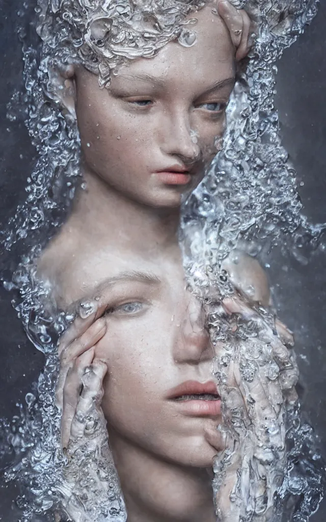 Image similar to sculpture made of water, portrait, female, future, queen, Harpers Bazaar, Vogue magazine, insanely detailed and intricate, concept art, close up