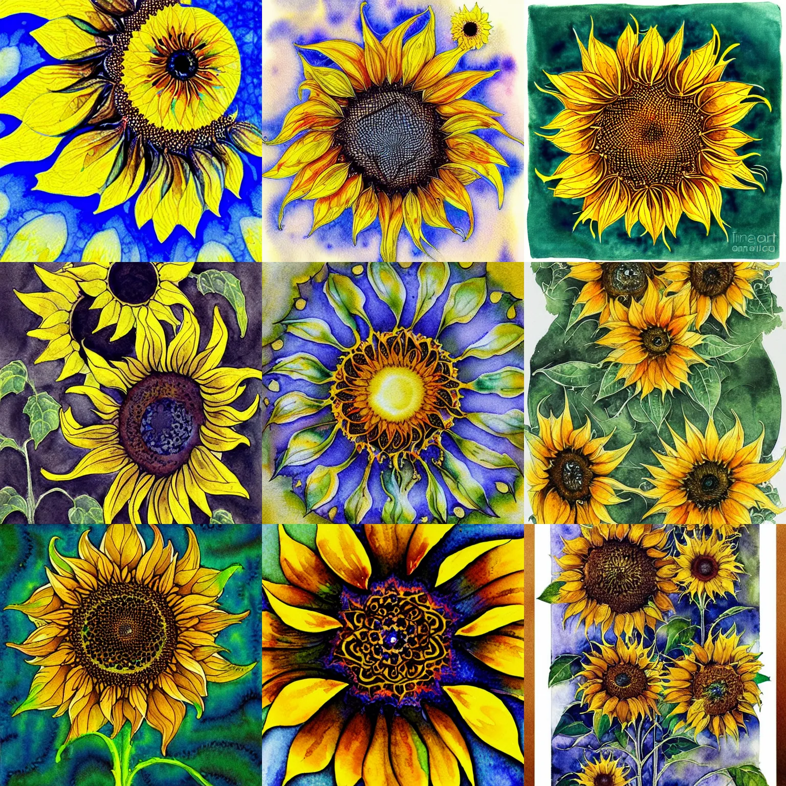 Prompt: sunflower fractal, intricate watercolor illustration by john singer sargent