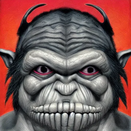 Image similar to grimpunk vile reprobate portrait portrait Cyclops Ogre grimaces with horrible tusks face eye nose septum ring ears Dave Dorman