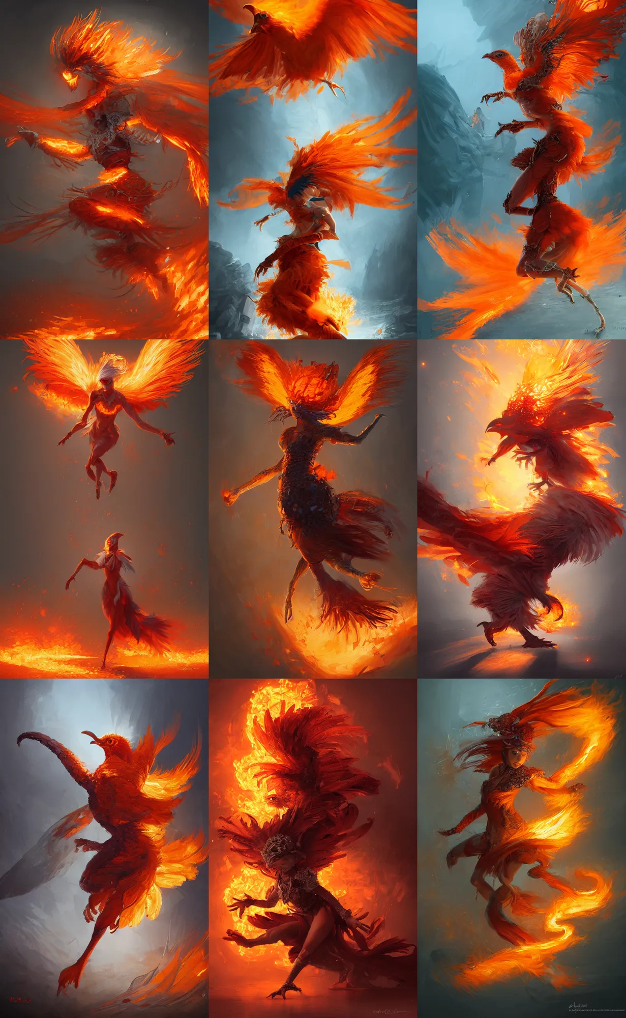 Prompt: chick with flaming orange feathers, running towards the camera, intricate, elegant, d & d, fantasy, highly detailed, digital painting, artstation, concept art, sharp focus, illustration, aleksi briclot, rutkowski