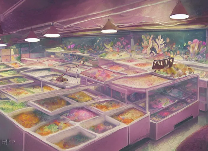 Image similar to placid pastel deep cozy moody cluttered painterly fluffy tiny cramped pet store counter, aisles of aquariums, slanted ceiling, tiny space, particulate, trending on pixiv