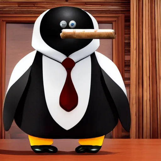 Image similar to cinematic shot of an anthropomorphic penguin wearing a suit and tie and holding a cigar in an office, very detailed, very intricate,