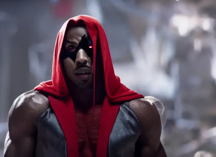 Image similar to film still of michael b jordan as spawn in the new spawn movie, giant chains, large cape, 8 k