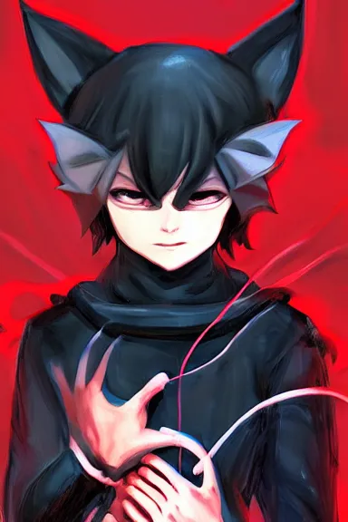 Prompt: little boy with cat ears in an black outfit with red cape. digital artwork made by lois van baarle and kentaro miura and marc simonetti, sharpness focus, inspired by hirohiko araki and noir film, anatomically correct, heroic composition, hero pose, smooth