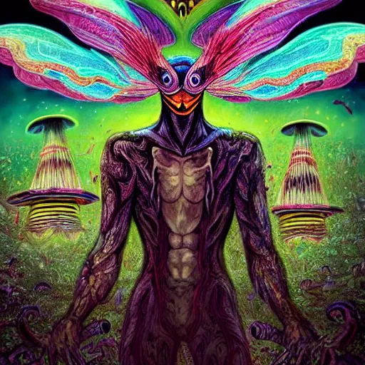 Image similar to A centered chest up portrait of a psychedelic godlike mothman with giant mandala wings smoking a hand-rolled cigarette smoking heavily , magic mushroom village in background , post-processing , award winning. superb resolution. in the art style of junji Ito and greg rutkowski . Detailed Mushroom city in background. Hyper realistic anime. Perfect art. Dalle2