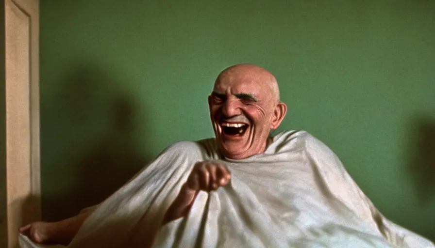 Prompt: 1 9 6 0 s movie still of chrysippus laughing to death in green drapery in a ancient greek bedroom, cinestill 8 0 0 t 3 5 mm, high quality, heavy grain, high detail, texture, dramatic light, anamorphic, hyperrealistic