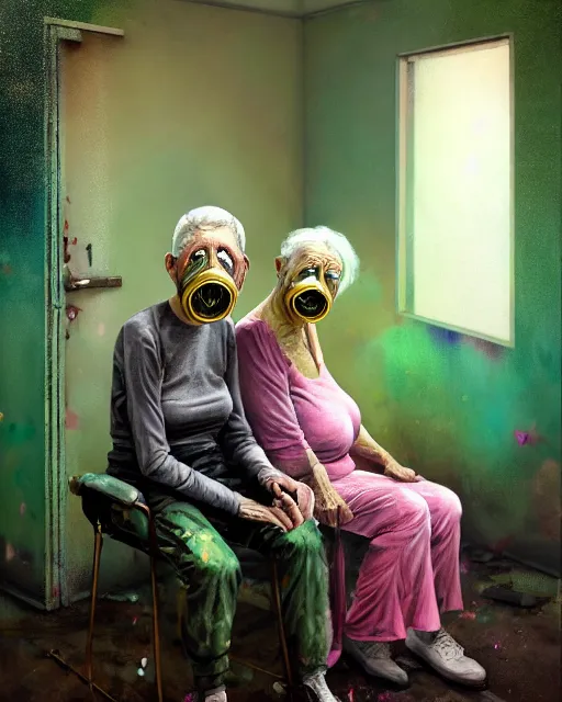 Prompt: Two frail old people wearing gas masks connected to their hearts, draped in silky gold, green and pink, inside an abandoned hospital room, they sit next to a small door where the world is on fire, loss in despair, transhumanist speculative evolution, depth of field, in the style of Adrian Ghenie, Esao Andrews, Jenny Saville, (((Edward Hopper))), Maya Bloch, surrealism, dark art by Takato Yamamoto