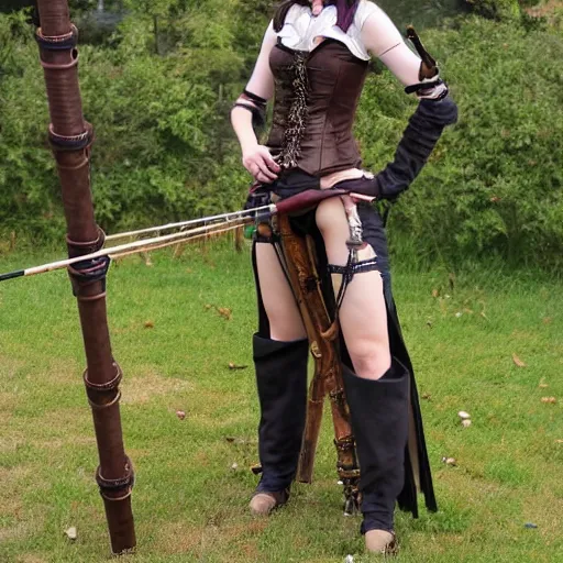 Image similar to full body photo of a skinny female steampunk archer