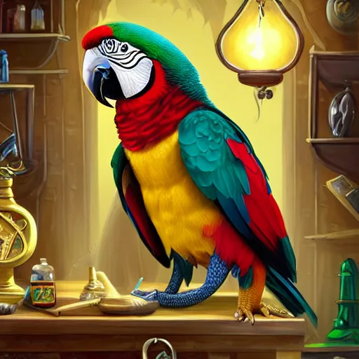 Image similar to Anthropomorphized parrot trader in his shop, selling his wares, portrait, items, gold, magic potions, carpet, window, sly expression , cunning expression, cute expression, long thick shiny gold beak, presenting wares, D&D, fantasy, cinematic lighting, highly detailed, digital painting, artstation, concept art, smooth, sharp focus, illustration, warm light, cozy warm tint, magic the gathering artwork, volumetric lighting, 8k, art by Akihiko Yoshida, Greg Rutkowski