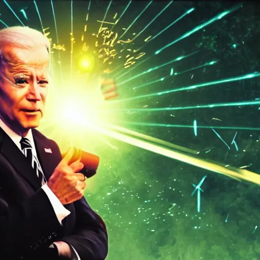 Image similar to god emperor joe biden shooting red lasers out of his eyes. fantasy art. vhs filter effect. film grain. dark.