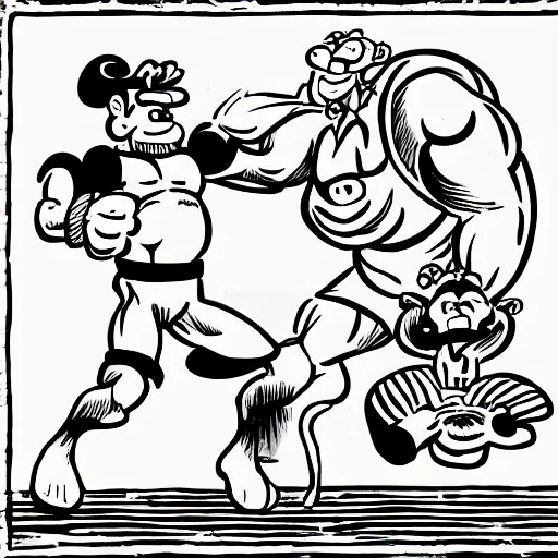 Image similar to Popeye fights a lion, drawn in the style of old Max and Dave Fleischer cartoons.