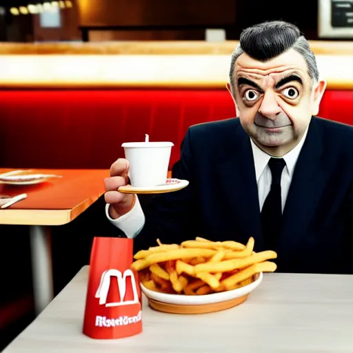 Image similar to photo of rowan atkinson eating inside of a mcdonald's restaurant, highly detailed, extremely high quality, hd, 4 k, 8 k, professional photographer, 4 0 mp, lifelike, top - rated, award winning, realistic, detailed lighting, detailed shadows, sharp, no blur, edited, corrected, trending