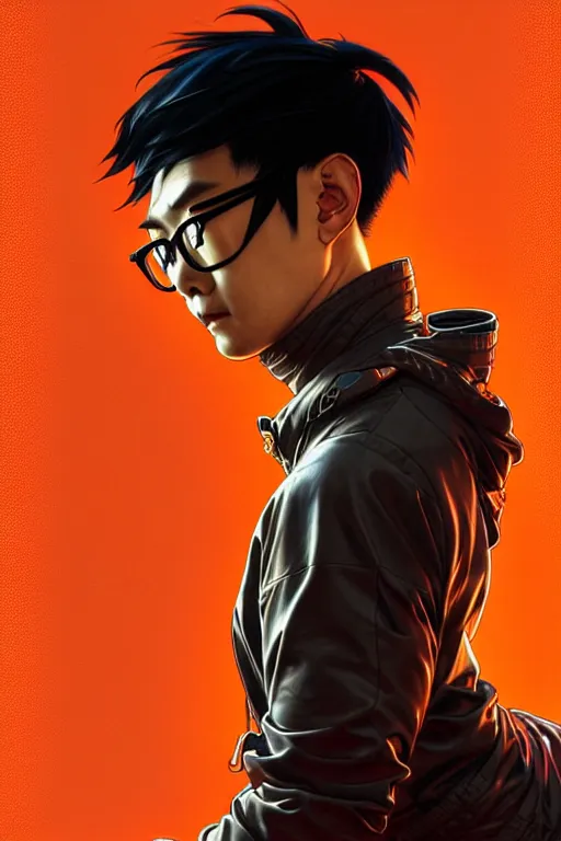 Prompt: a japanese man with short black hair, broad shoulders, thick round spectacles, wearing a bright orange bomber jacket, seductive cyberpunk dark fantasy, art by artgerm and karol bak and moebius and alphonse mucha and greg rutkowski, hyperdetailed, ultrarealistic, octane render